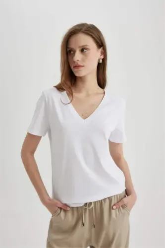 Regular Fit V-Neck Cotton Short Sleeve T-Shirt White - 3
