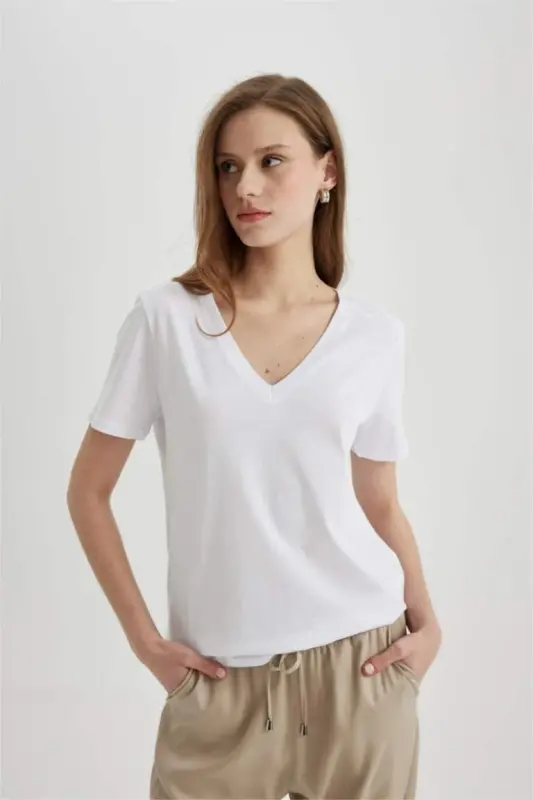 Regular Fit V-Neck Cotton Short Sleeve T-Shirt White - 3