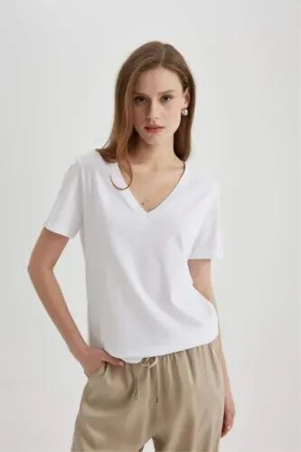 Regular Fit V-Neck Cotton Short Sleeve T-Shirt White - 4
