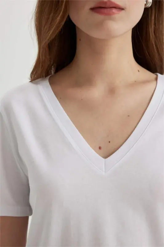 Regular Fit V-Neck Cotton Short Sleeve T-Shirt White - 5