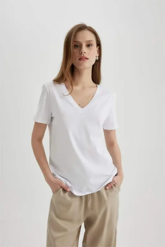 Regular Fit V-Neck Cotton Short Sleeve T-Shirt White - 7