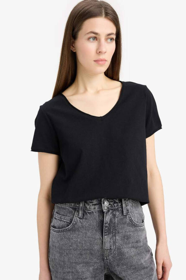 Regular Fit V-Neck Short Sleeve 100% Cotton T-Shirt Black - 5