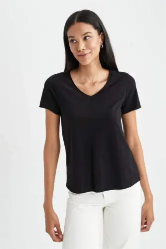 Regular Fit V-Neck Short Sleeve 100% Cotton T-Shirt Black - 3
