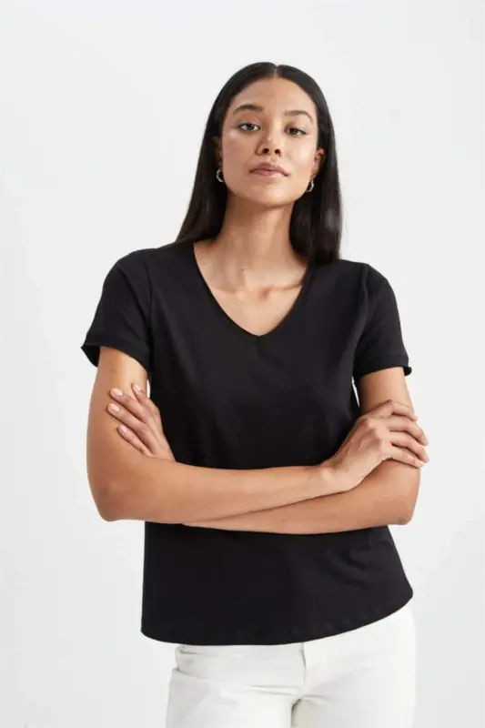 Regular Fit V-Neck Short Sleeve 100% Cotton T-Shirt Black - 4