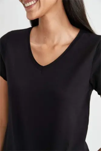 Regular Fit V-Neck Short Sleeve 100% Cotton T-Shirt Black - 5