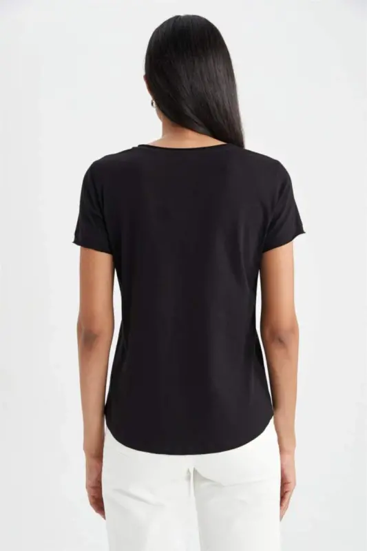 Regular Fit V-Neck Short Sleeve 100% Cotton T-Shirt Black - 6