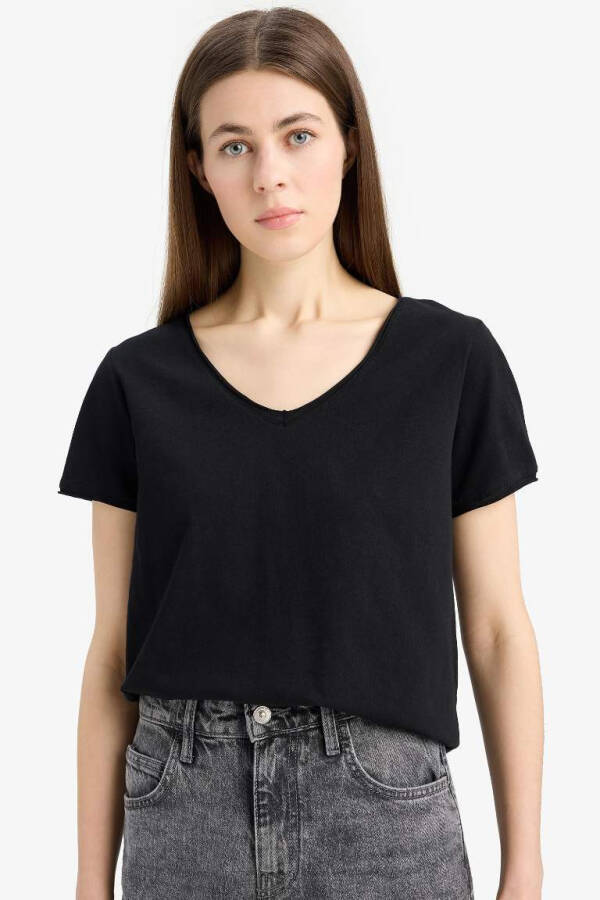 Regular Fit V-Neck Short Sleeve T-Shirt Black - 1