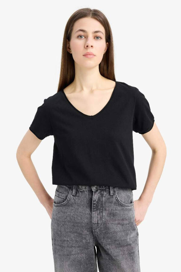 Regular Fit V-Neck Short Sleeve T-Shirt Black - 3
