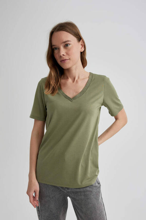 Regular Fit V-Neck Short Sleeve T-Shirt Khaki - 1