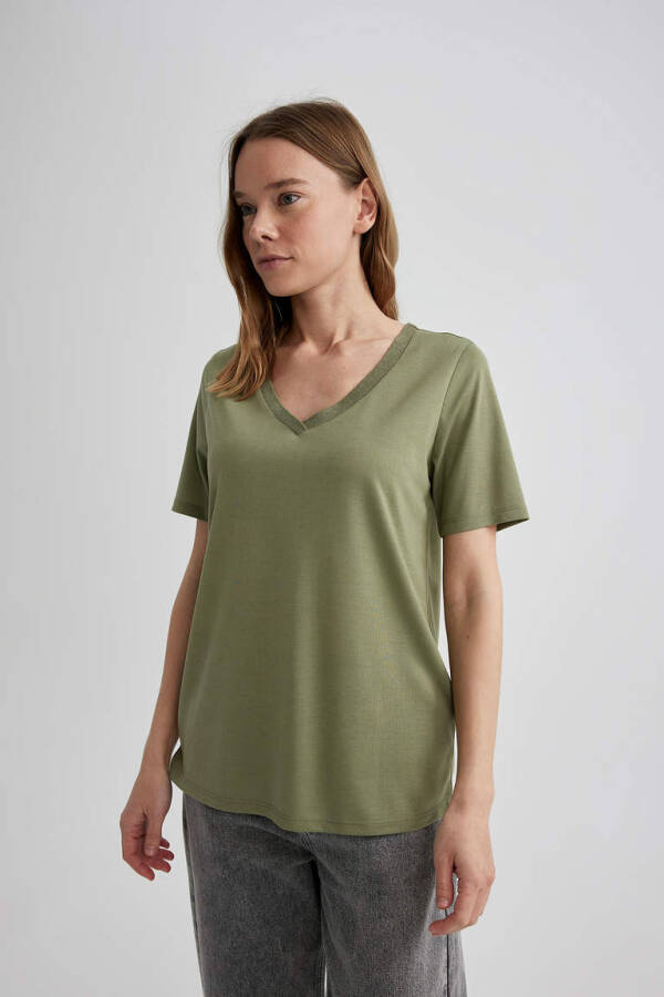 Regular Fit V-Neck Short Sleeve T-Shirt Khaki - 3