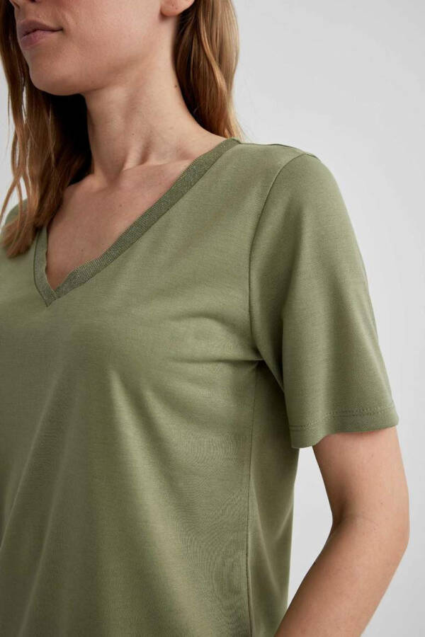 Regular Fit V-Neck Short Sleeve T-Shirt Khaki - 4