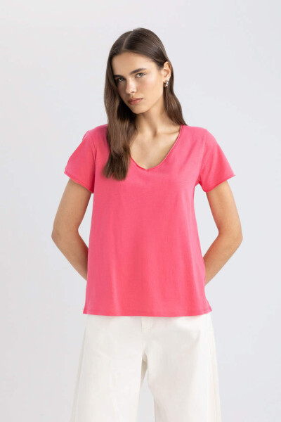 Regular Fit V-Neck Short Sleeve T-Shirt Pink - 1