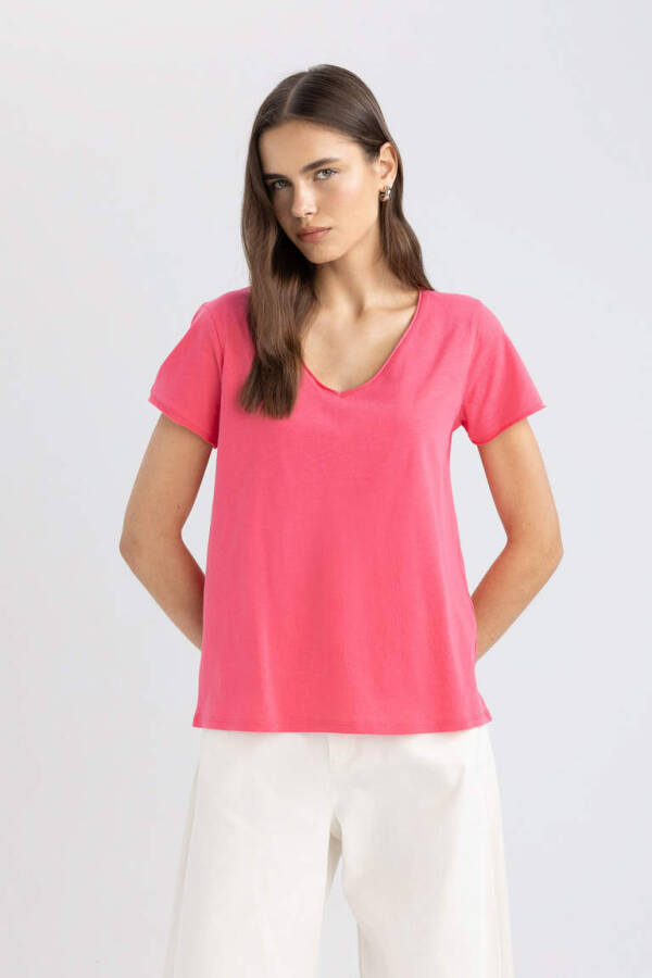 Regular Fit V-Neck Short Sleeve T-Shirt Pink - 1