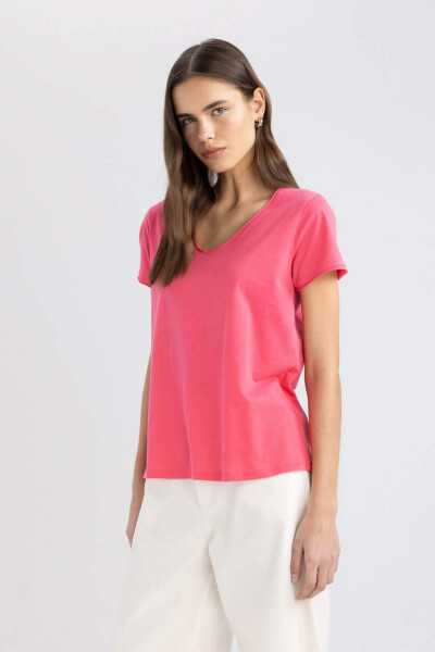 Regular Fit V-Neck Short Sleeve T-Shirt Pink - 3