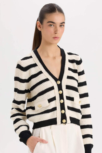 Regular Fit V-Neck Striped Button-Up Cardigan Ecru - 1