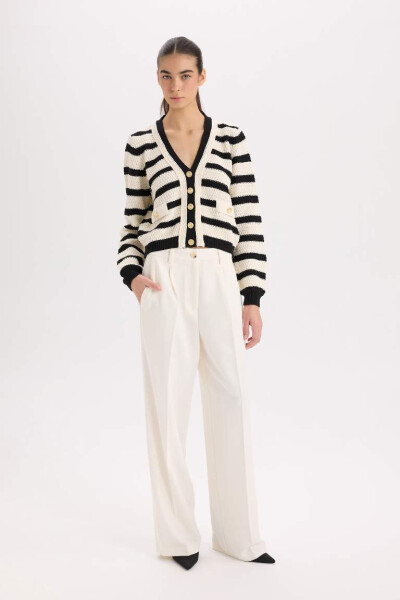 Regular Fit V-Neck Striped Button-Up Cardigan Ecru - 2