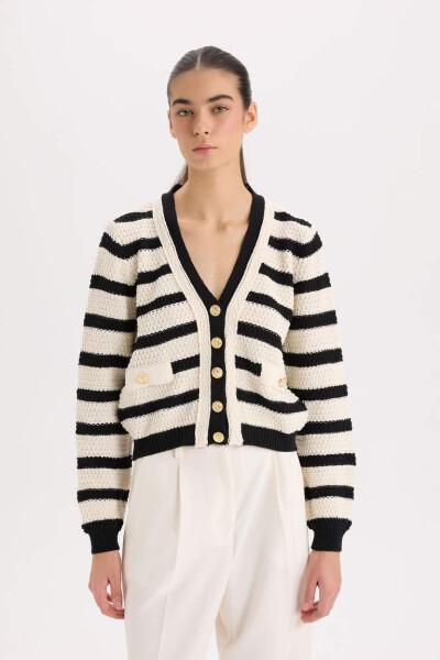 Regular Fit V-Neck Striped Button-Up Cardigan Ecru - 3