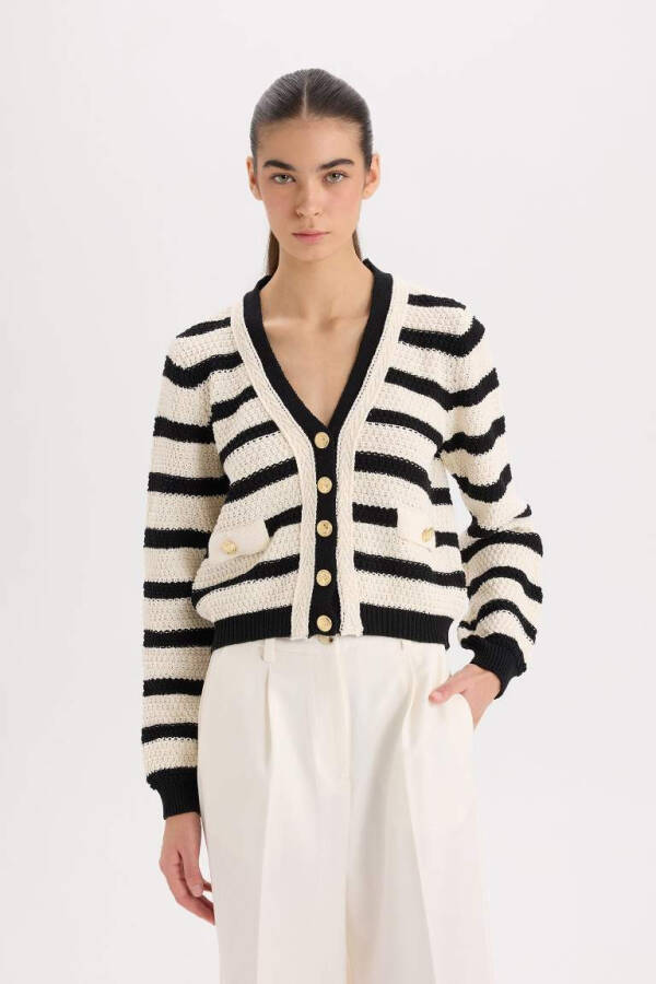 Regular Fit V-Neck Striped Button-Up Cardigan Ecru - 4