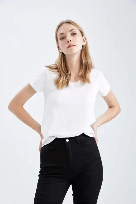 Regular Fit V-образный вырез Basic Однотонная футболка с короткими рукавами из 100% хлопка - Белый - 4