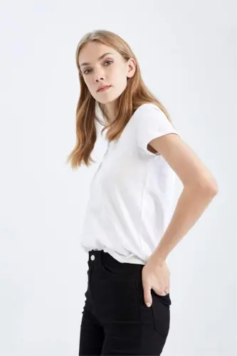 Regular Fit V-образный вырез Basic Однотонная футболка с короткими рукавами из 100% хлопка - Белый - 5