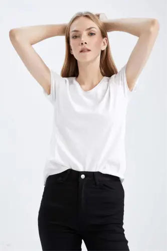 Regular Fit V-образный вырез Basic Однотонная футболка с короткими рукавами из 100% хлопка - Белый - 6
