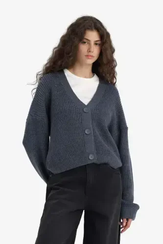 Regular Fit V Yaka Düğmeli Triko Hırka-İndigo - 5