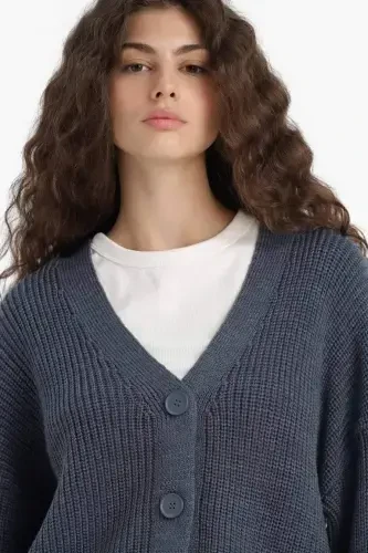 Regular Fit V Yaka Düğmeli Triko Hırka-İndigo - 6