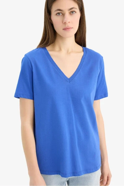 %100 Pamuk Regular Fit V Yaka Basic Düz Kısa Kollu Tişört-Saks - DEFACTO