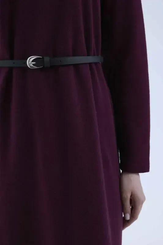 Regular Fit Velosiped Yoqali Uzun Yengli Kamarli Salonik Mato Maxi Hijob Libos - Bordo - 4