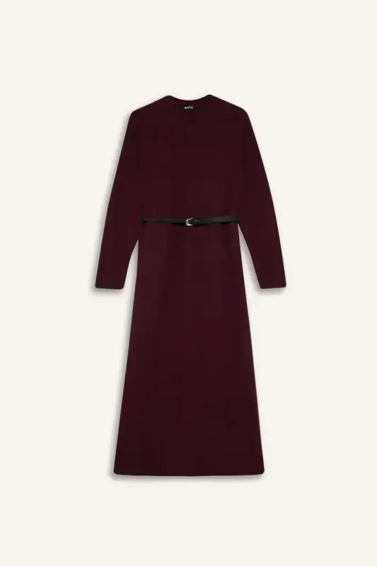 Regular Fit Velosiped Yoqali Uzun Yengli Kamarli Salonik Mato Maxi Hijob Libos - Bordo - 6