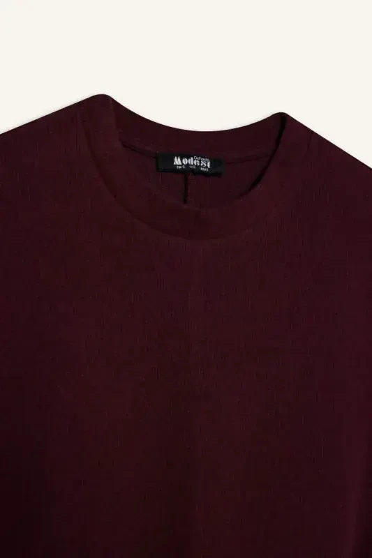 Regular Fit Velosiped Yoqali Uzun Yengli Kamarli Salonik Mato Maxi Hijob Libos - Bordo - 7