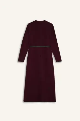 Regular Fit Velosiped Yoqali Uzun Yengli Kamarli Salonik Mato Maxi Hijob Libos - Bordo - 9