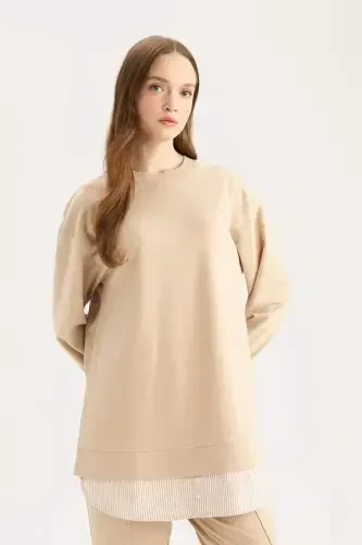 Regular Fit Velosiped Yoqasi Asosiy Tekis Sviter Tunika-Tosh - 2