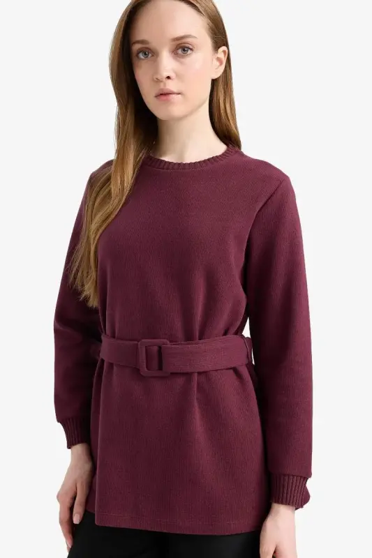 Regular Fit Velosiped Yoqasi Ichki Yumshoq Tukli Salonik Mato Uzun Qisma Tunik-Bordo - DEFACTO