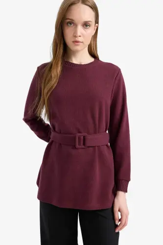 Regular Fit Velosiped Yoqasi Ichki Yumshoq Tukli Salonik Mato Uzun Qisma Tunik-Bordo - 3