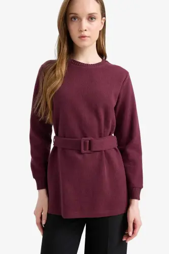 Regular Fit Velosiped Yoqasi Ichki Yumshoq Tukli Salonik Mato Uzun Qisma Tunik-Bordo - 4