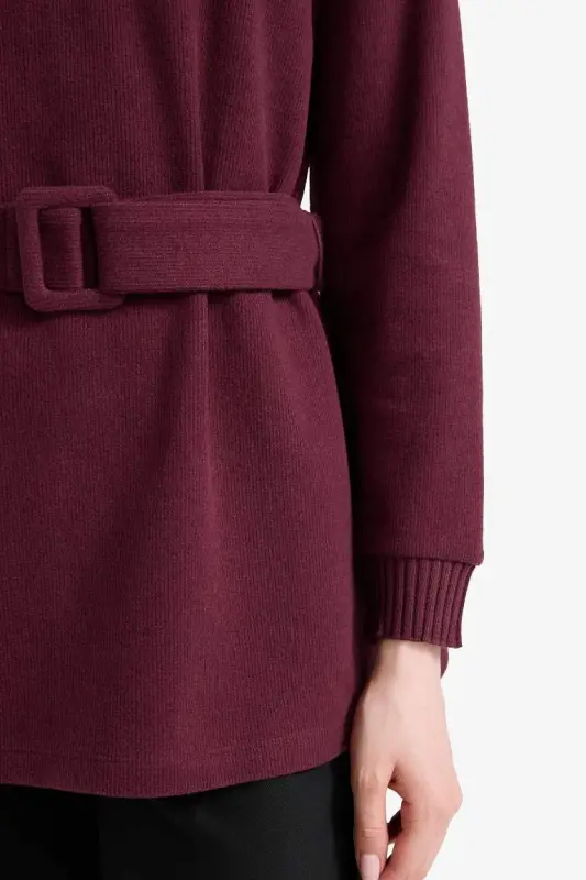 Regular Fit Velosiped Yoqasi Ichki Yumshoq Tukli Salonik Mato Uzun Qisma Tunik-Bordo - 6