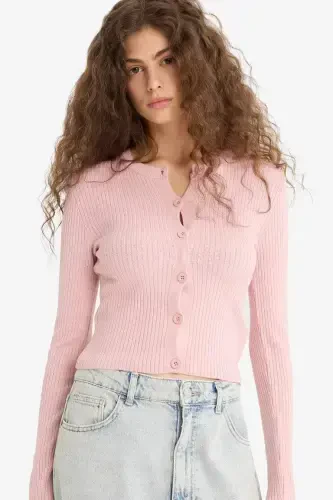 Regular Fit Велосипедный Воротник Трикотажный Кардиган-Розовый 