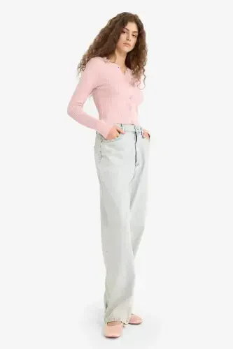 Regular Fit Велосипедный Воротник Трикотажный Кардиган-Розовый - DEFACTO (1)