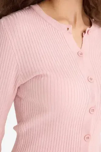 Regular Fit Велосипедный Воротник Трикотажный Кардиган-Розовый - 5