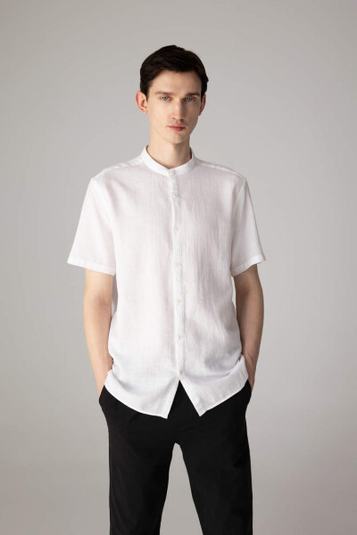 Regular Fit White Cotton Short Sleeve Shirt with Collar - 1