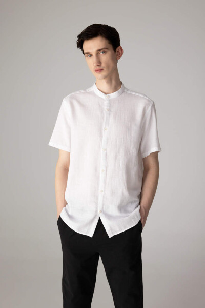 Regular Fit White Cotton Short Sleeve Shirt with Collar - 3