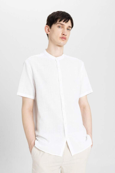 Regular Fit White Cotton Short Sleeve Shirt with Collar - 6