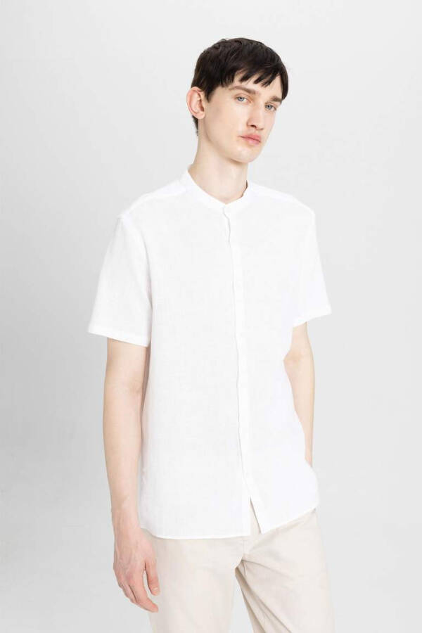 Regular Fit White Cotton Short Sleeve Shirt with Collar - 8