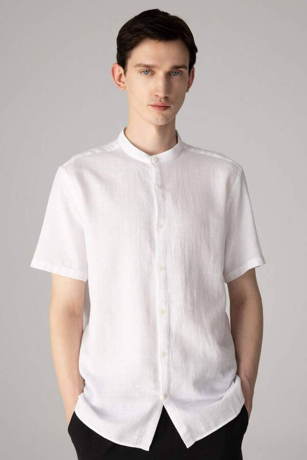 Regular Fit White Cotton Short Sleeve Shirt with Collar - 10