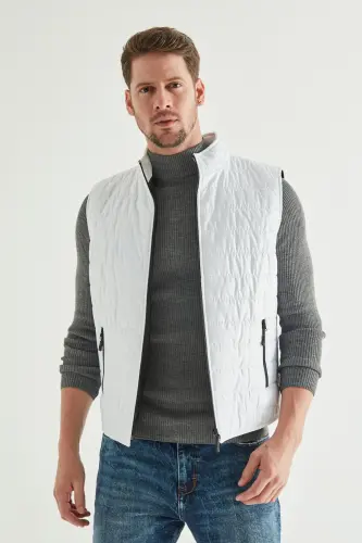 Regular Fit White Stand-Up Collar Fiber Filled Seasonal Zippered Padded Vest Jacket-White - 1