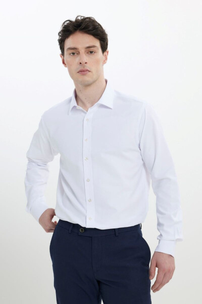 Regular Fit Wide Cut Classic Collar Textured White Shirt - 3