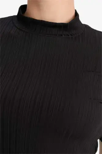 Regular Fit Yarım Balıkçı Yaka Basic Düz Fitilli Kaşkorse Kısa Kollu Siyah Tişört-Siyah - 5