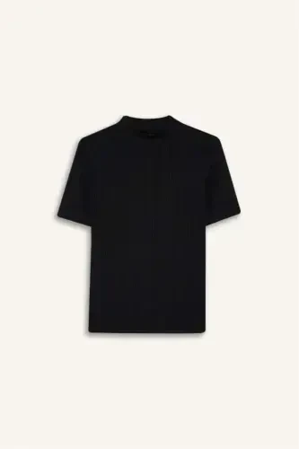 Regular Fit Yarım Balıkçı Yaka Basic Düz Fitilli Kaşkorse Kısa Kollu Siyah Tişört-Siyah - 7