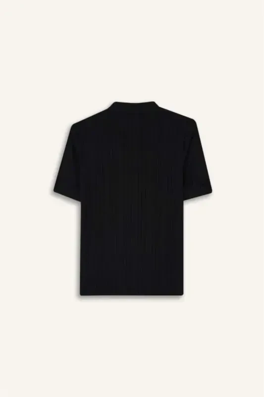 Regular Fit Yarım Balıkçı Yaka Basic Düz Fitilli Kaşkorse Kısa Kollu Siyah Tişört-Siyah - 9